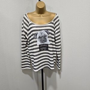 Bad Pug Jail Sweater Womens L Black White Stripe New Jersey Raw Edge Long Sleeve